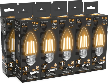 Лампа филам. Gauss Filament 11Вт цок.:E27 свеча 220B св.свеч.бел.теп. (упак.:10шт) (103802111)