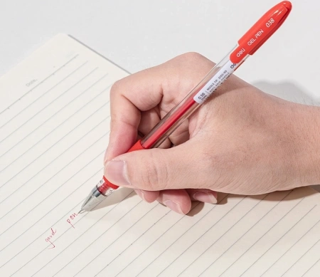 Ручка гелев. Deli EG150-RD прозрачный d=0.38мм красн. черн. игловидный пиш. наконечник резин. манжета