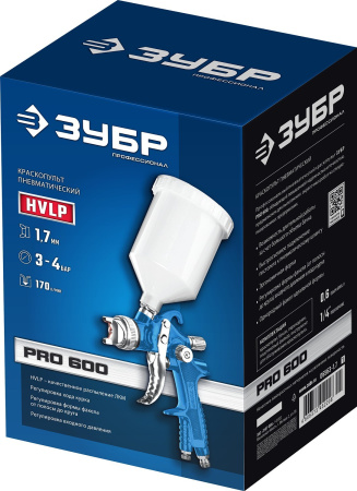 Краскораспылитель Зубр Профессионал PRO 600 HVLP 290л/мин соп.:1.7мм бак:0.6л синий/белый