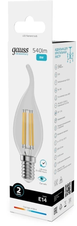 Лампа филам. Gauss Filament 8Вт цок.:E14 свеча св.свеч.бел.нейт. (упак.:10шт) (42128)