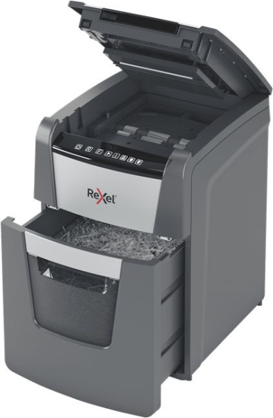 Шредер Rexel Optimum AutoFeed 100M черный с автоподачей (секр.P-5) фрагменты 100лист. 34лтр. скрепки скобы пл.карты