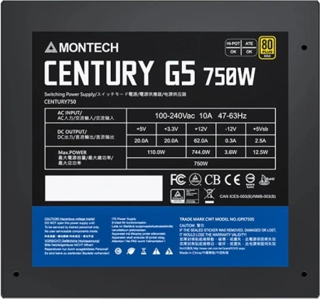 Блок питания Montech ATX 750W CENTURY GOLD G5 80+ gold (20+4pin) APFC 120mm fan 10xSATA Cab Manag RTL