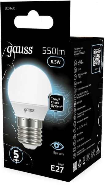 Лампа светодиодная Gauss 6.5Вт цок.:E27 шар 220B св.свеч.бел.нейт. P45 (упак.:10шт) (105102207)