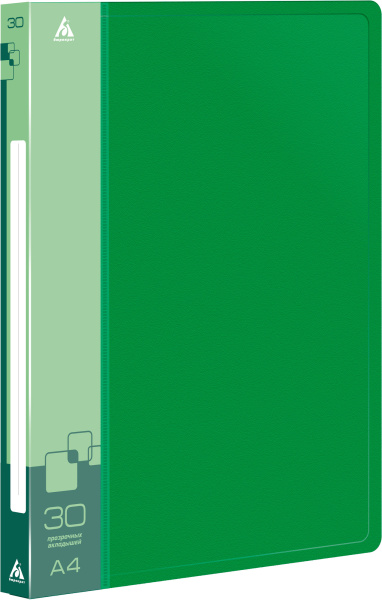 Папка с 30 прозр.вклад. Бюрократ -BPV30GRN A4 пластик 0.65мм торц.карм с бум. встав зеленый