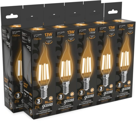 Лампа филам. Gauss Filament 13Вт цок.:E14 свеча 220B св.свеч.бел.теп. (упак.:10шт) (104801113)