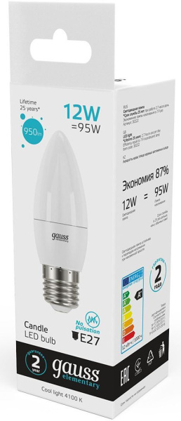 Лампа светодиодная Gauss Elementary 30222 12Вт цок.:E27 свеча 220B 4100K св.свеч.бел.нейт. (упак.:10шт)