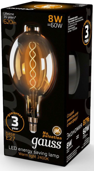 Лампа филам. Gauss Filament Vintage 8Вт цок.:E27 шар 220B 2400K св.свеч.бел.теп. (упак.:1шт) (152802008)