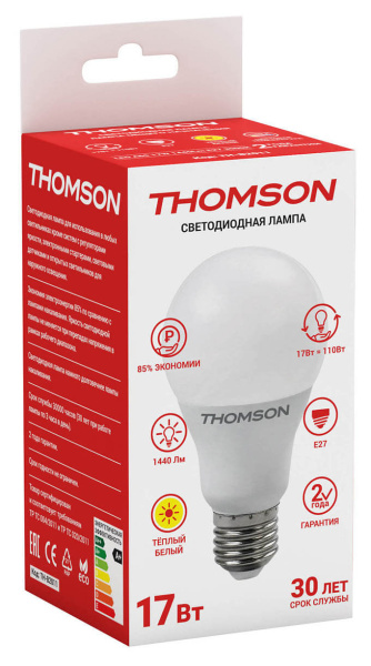 Лампа светодиодная Thomson TH-B2011 17Вт цок.:E27 груша 220B 3000K св.свеч.бел.теп. A (упак.:1шт)