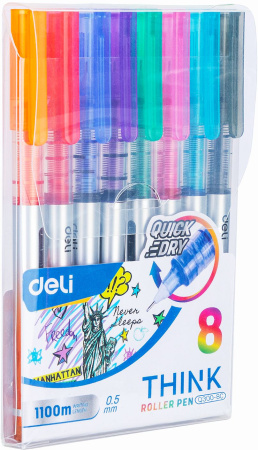 Набор ручек роллер Deli Think EQ300-8C ассорти d=0.5мм ассор. черн. (8шт) стреловидный пиш. наконечник