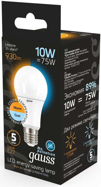 Лампа светодиодная Gauss A60 10Вт цок.:E27 груша 220B 2700K св.свеч.бел.теп. (упак.:1шт) (102502110-T)