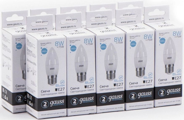 Лампа светодиодная Gauss Elementary 8Вт цок.:E27 свеча 220B 4100K св.свеч.бел.нейт. C37 (упак.:10шт) (33228)