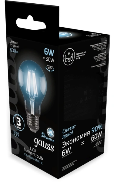 Лампа филам. Gauss Filament A60 6Вт цок.:E27 груша 220B св.свеч.бел.нейт. (упак.:10шт) (102802206)