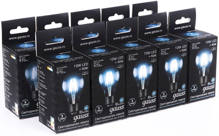 Лампа филам. Gauss 10Вт цок.:E27 шар 220B 4100K св.свеч.бел.нейт. A60 (упак.:10шт) (102802210)