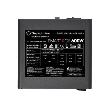 Блок питания Thermaltake ATX 600W Smart RGB 600 80+ (24+4+4pin) APFC 120mm fan color LED 6xSATA RTL