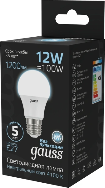 Лампа светодиодная Gauss A60 12Вт цок.:E27 груша 220B 4100K св.свеч.бел.нейт. A60 (упак.:1шт) (102502212)