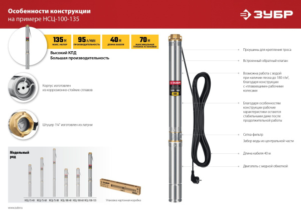 Насос центробежный Зубр НСЦ-100-135 1800Вт 5700л/час