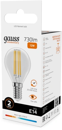 Лампа филам. Gauss Filament 12Вт цок.:E14 шар св.свеч.бел.теп. (упак.:10шт) (52112)