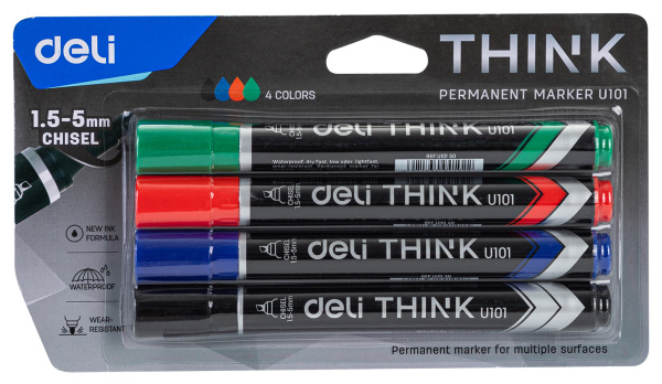 Набор маркеров перманентных Deli EU10101 Think скошенный пиш. наконечник 1.5-5мм 4цв. пакет с европодвесом (4шт.)