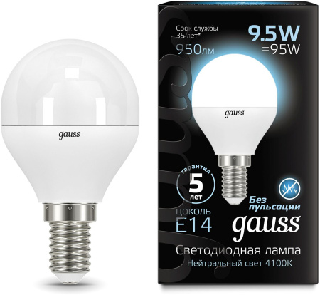 Лампа светодиодная Gauss 9.5Вт цок.:E14 шар 220B 4100K св.свеч.бел.нейт. (упак.:10шт) (105101210)