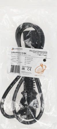Шнур питания Lanmaster LAN-PP19/14-1.0-BK проводник.:3x0.75мм2 1м 220В 10А черный