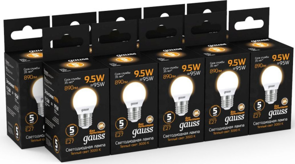 Лампа светодиодная Gauss 9.5Вт цок.:E27 шар 220B 3000K св.свеч.бел.теп. P45 (упак.:1шт) (105102110)