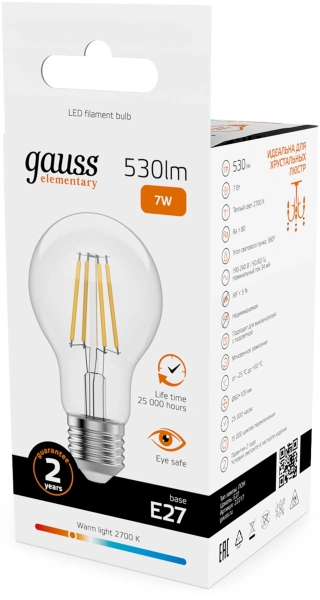 Лампа филам. Gauss Filament 7Вт цок.:E27 груша 220B св.свеч.бел.теп. (упак.:10шт) (22217)