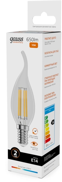 Лампа филам. Gauss Filament 10Вт цок.:E14 свеча св.свеч.бел.теп. (упак.:10шт) (42110)