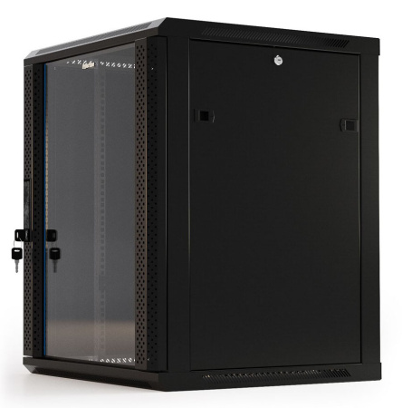 Шкаф коммутационный Hyperline (TWB-0945-GP-RAL9004) настенный 9U 600x450мм пер.дв.стекл 2 бок.пан. 60кг черный 500мм IP20 сталь