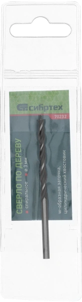 Сверло Сибртех 70232 по дереву Д=3мм Дл=60мм (1пред.) для дрелей