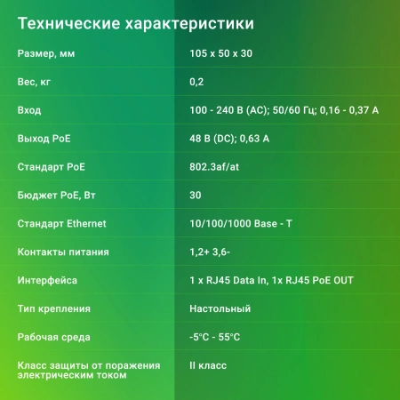 Инжектор PoE Digma DNP30W48GTXP 10/100/1000BASE-T 30Вт 100-240В(АС)