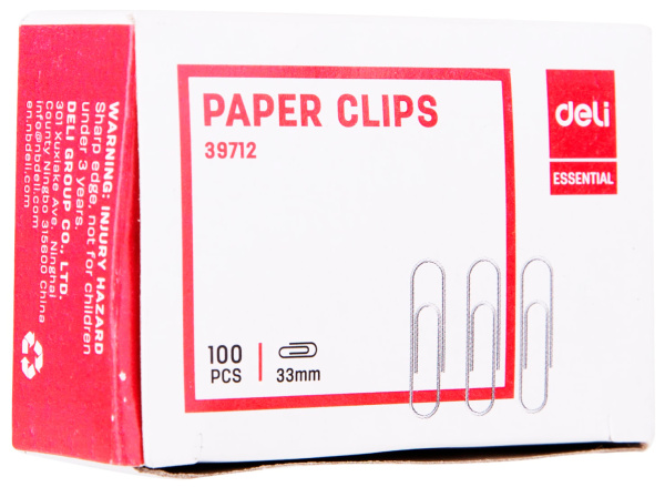 Скрепки Deli E39712 металл никелированные 33мм (упак.:100шт) картонная коробка