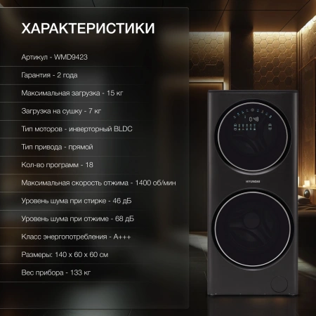 Стиральная машина Hyundai Gemini WMD9423 класс: A+++ загр.фронтальная макс.:15кг (с сушкой) темно-серебристый