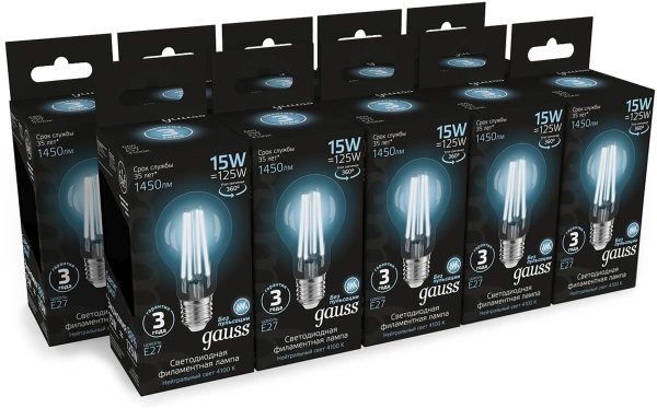 Лампа светодиодная Gauss Filament 102902215 15Вт цок.:E27 груша 220B св.свеч.бел.нейт. (упак.:10шт)