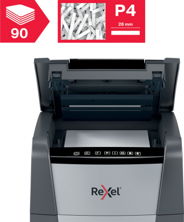 Шредер Rexel Optimum AutoFeed 90X черный с автоподачей (секр.P-4) фрагменты 90лист. 34лтр. скрепки скобы пл.карты