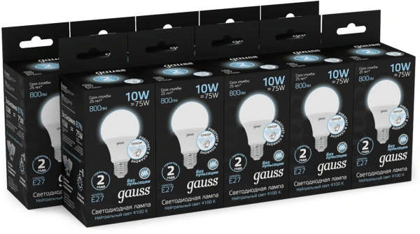 Лампа светодиодная Gauss 102502210-M 10Вт цок.:E27 груша 220B св.свеч.бел.нейт. A60 (упак.:10шт)
