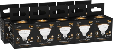Лампа светодиодная Gauss 101505109 9Вт цок.:GU5.3 рефлек. 220B св.свеч.бел.теп. MR16 (упак.:10шт)