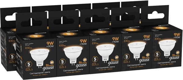 Лампа светодиодная Gauss 101505109 9Вт цок.:GU5.3 рефлек. 220B св.свеч.бел.теп. MR16 (упак.:10шт)