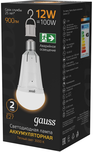 Лампа светодиодная Gauss 102002112 12Вт цок.:E27 груша 220B 3000K св.свеч.бел.теп. (упак.:1шт)