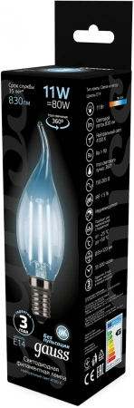 Лампа филам. Gauss Filament 11Вт цок.:E14 (упак.:10шт) свеча 220B св.свеч.бел.нейт. CF35 (104801211)