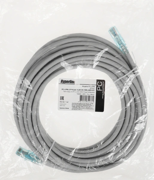 Патч-корд Hyperline PC-LPM-UTP-RJ45-RJ45-C6-10M-LSZH-GY PC-LPM-UTP-RJ45-RJ45-C6-10M UTP RJ-45 вил.-вилка RJ-45 кат.6 10м серый LSZH (уп.:24шт)
