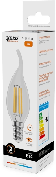 Лампа филам. Gauss Filament 8Вт цок.:E14 свеча 220B св.свеч.бел.теп. (упак.:10шт) (42118)