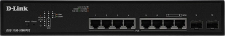 Коммутатор D-Link DGS-1100-10MPPV2/A (L2) 8x1Гбит/с 2SFP 8PoE+ 242W настраиваемый