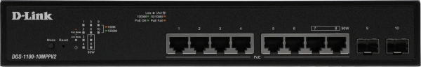 Коммутатор D-Link DGS-1100-10MPPV2/A (L2) 8x1Гбит/с 2SFP 8PoE+ 242W настраиваемый