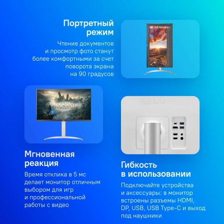 Монитор LG 27" UltraFine 27UP850N-W белый IPS LED 16:9 HDMI M/M матовая HAS Piv 400cd 178гр/178гр 3840x2160 60Hz DP 4K USB 5.9кг