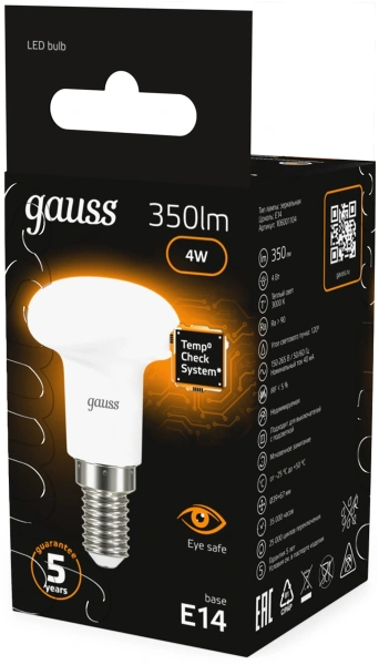 Лампа светодиодная Gauss R39 4Вт цок.:E14 (упак.:10шт) рефлек. 220B св.свеч.бел.теп. (106001104)