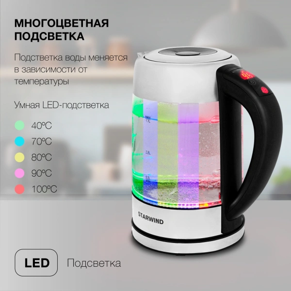 Чайник электрический Starwind SKG5213 1.7л. 2200Вт черный/серебристый (корпус: стекло)