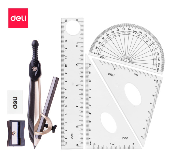 Циркуль Deli EG30404 корпус ассорти металл в компл.:линейка/транспортир/2 угольника/карандаш/ластик/точилка