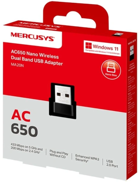 Сетевой адаптер Wi-Fi Mercusys MA20N AC650 USB 2.0 (ант.внутр.) 1ант.