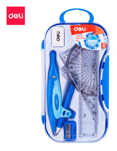 Циркуль Deli EG30204 корпус ассорти пластик в компл.:линейка/транспортир/2 угольника/карандаш/ластик/точилка
