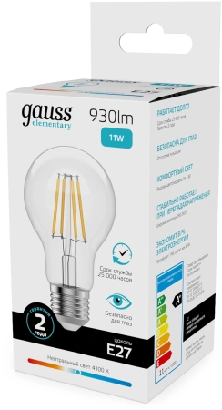 Лампа филам. Gauss Filament 11Вт цок.:E27 груша 220B св.свеч.бел.нейт. (упак.:10шт) (22221)